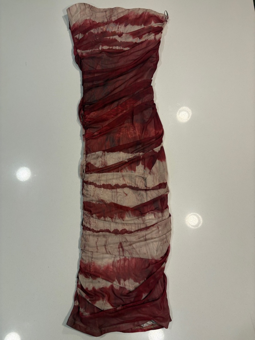 Zara Strapless Ruched Dress in Wine and Cream